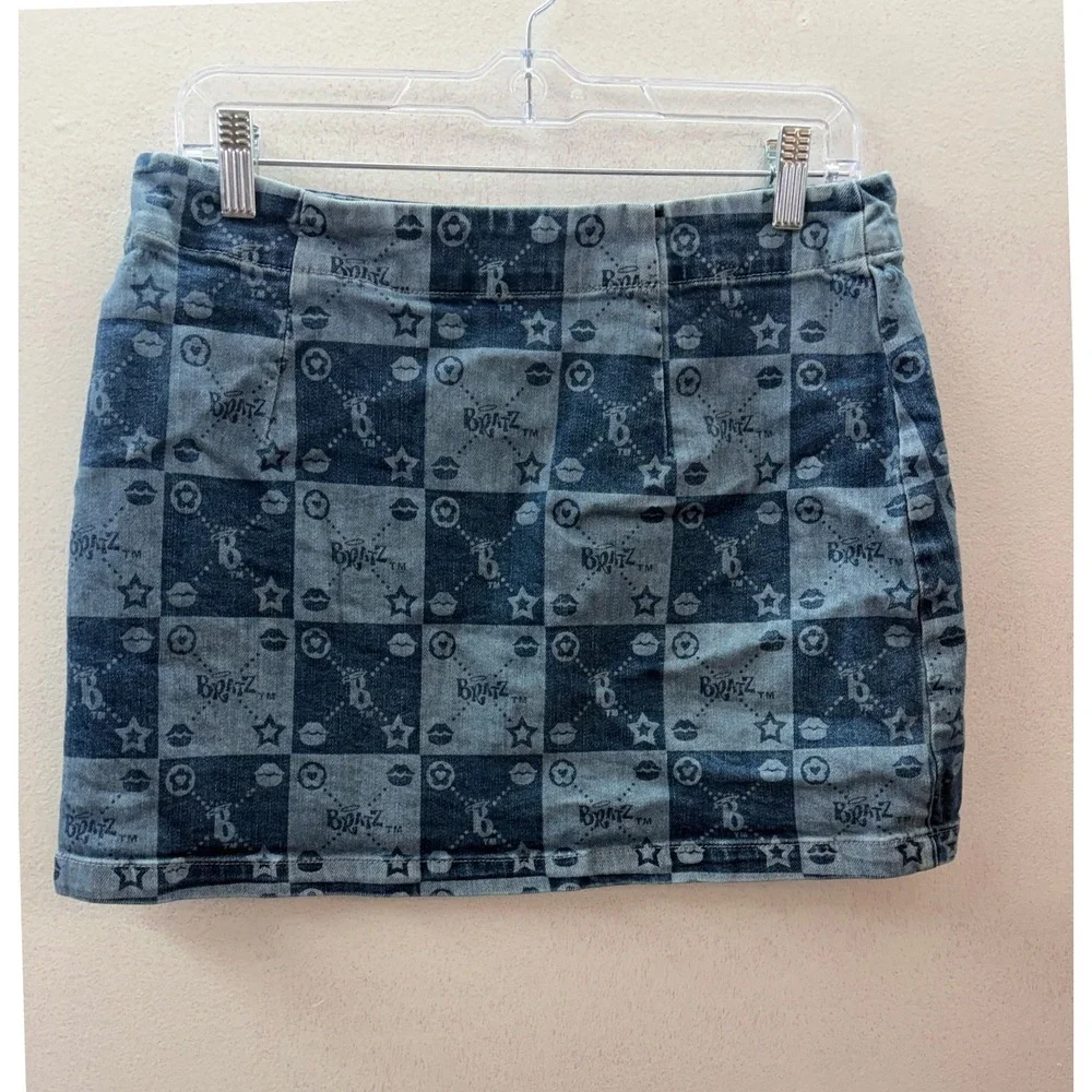 Dolls Kill x Bratz Denim 2 Piece Set Jacket Skirt Faux Fur Blue Checkered Large